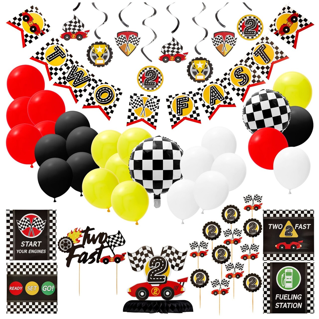 51 Piece Two Fast Car Themed Birthday Decorations, Party Supplies Including Banner, Cake Toppers, Balloons, Centerpieces, and Wall Signs